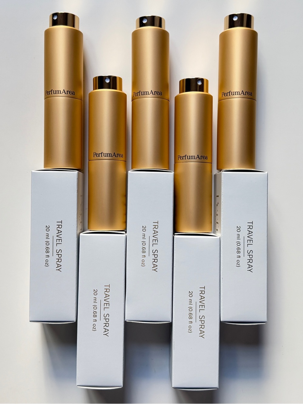 Set of 5 Gold refillable perfume atomizers 20ml/ 0.68fl oz,glass+metal,in boxes